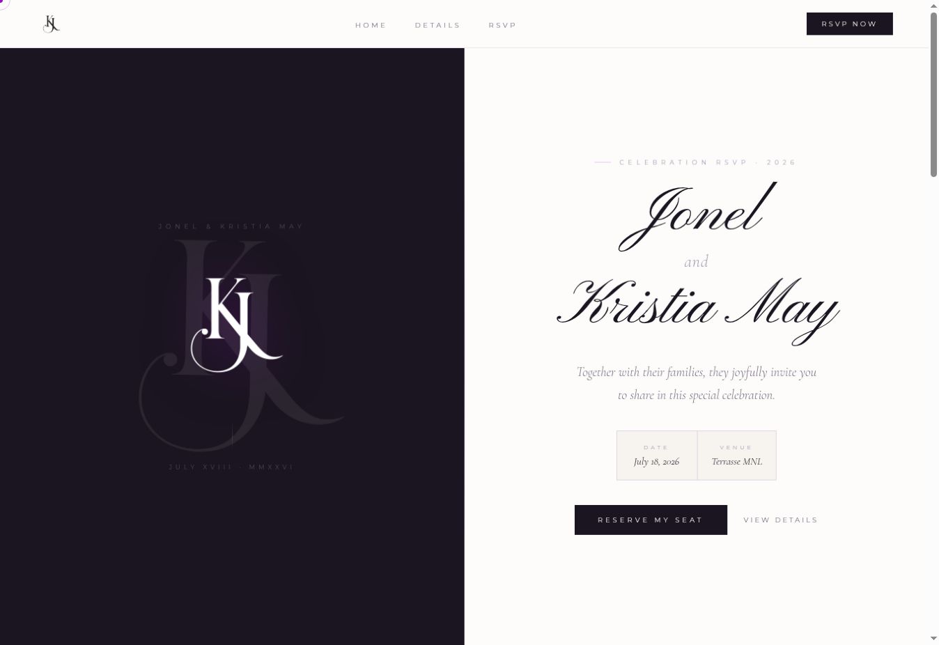 Screenshot of the Jonel and Kristia RSVP home screen