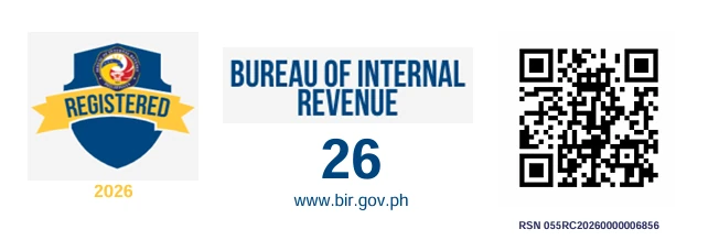 Bureau of Internal Revenue Registered 2026 badge with QR code, RSN 055RC20260000006856
