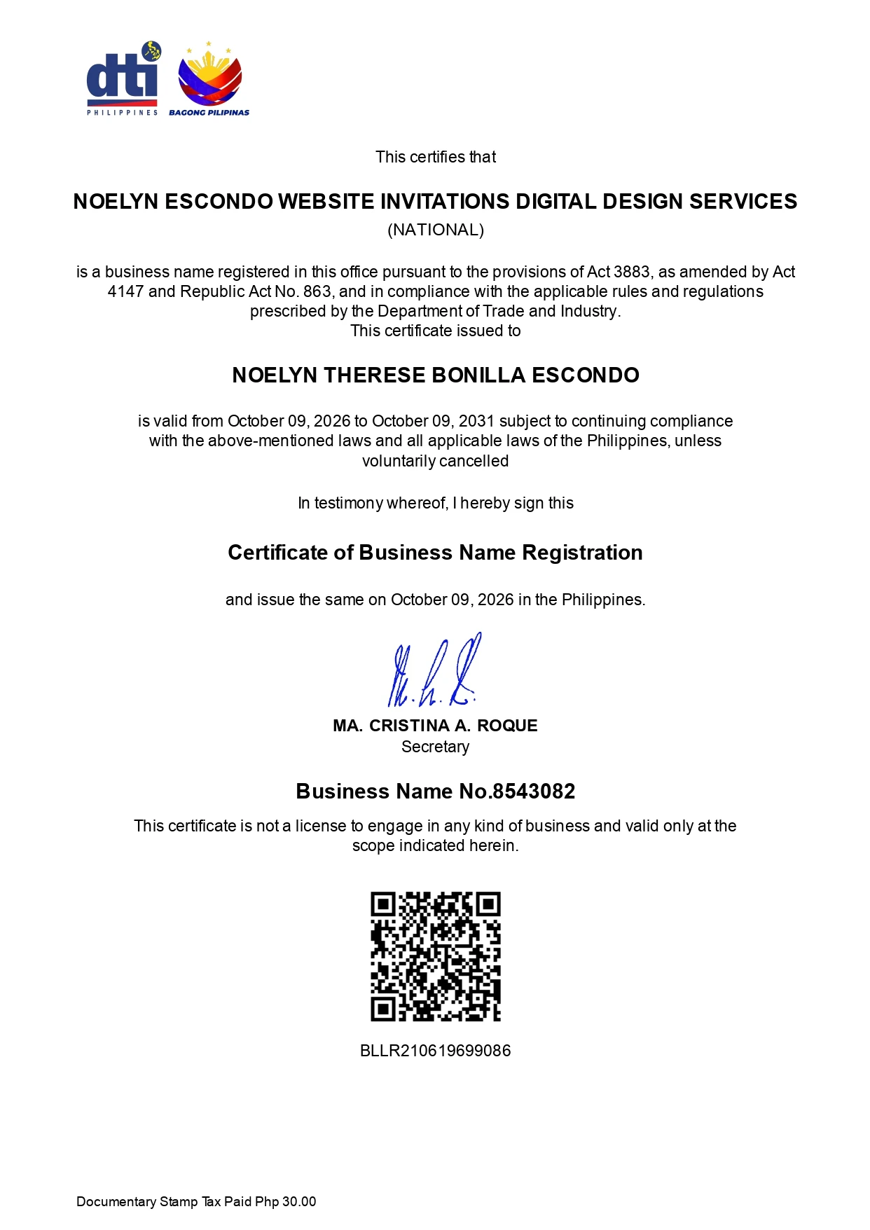 DTI Certificate of Business Name Registration for Noelyn Escondo Website Invitations Digital Design Services, Business Name No. 8543082